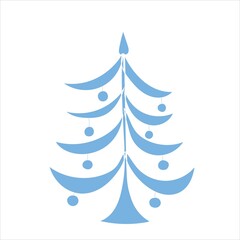 Blue Christmas tree decorated with toys drawn by hand on a white background, Christmas decorations, symbol of the New Year, vector illustration.