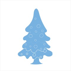 Blue Christmas tree decorated with toys drawn by hand on a white background, Christmas decorations, symbol of the New Year, vector illustration.