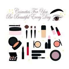 Set of cosmetics in flat style, beauty set of make-up, shadows, powder, lipstick, varnishes, mascara, foundation, vector illustration on a white background.