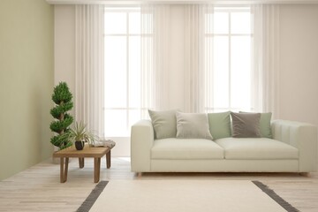White living room with sofa. Scandinavian interior design. 3D illustration