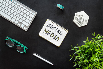 Internet tehnology social media concept. Workspace with laptop above view