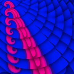 vivid pink wave shape motif on bright blue patterned surface as circular concentric  geometric elements