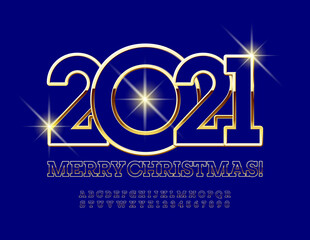 Vector premium style greeting card Merry Christmas 2021! Elite Gold and Blue Font. Chic Alphabet Letters and Numbers set