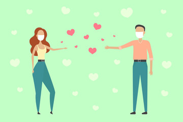 Social distancing poster. Man and woman in face masks. Vector illustration.