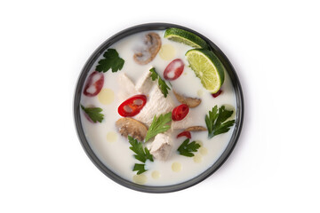 Traditional Thai food Tom Kha Gai in bowl isolated on white background.Top view