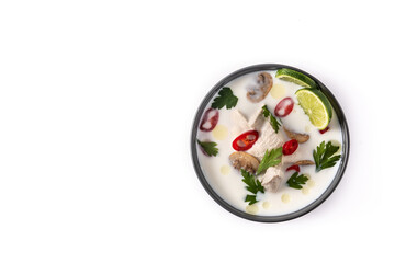 Traditional Thai food Tom Kha Gai in bowl isolated on white background. Top view.Copy space