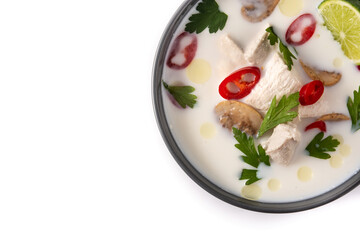 Traditional Thai food Tom Kha Gai in bowl isolated on white background. Top view.Copy space