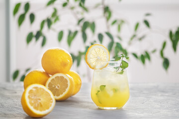 Citrus iced lemonade in the glass with lemon slice and mint leaves decoration on marble table on natural background