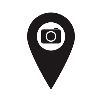 Black Map Pointer with photo camera inside. Place marker. A place to take picture. You are here symbol. gps navigation. Vector flat design map marker icon that points location. Web element design.