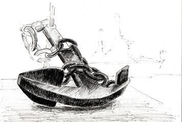 Black and white sketch of an anchor isolated on a white background. Line art illustration on a marine theme is hand-drawn. © e_petrart