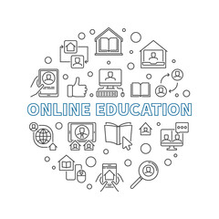 Online Education vector thin line concept round illustration or banner