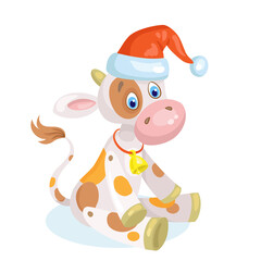 Funny wooden little bull in a Santa hat. The symbol of the New Year. In cartoon style. Isolated on white background. Vector flat illustration.