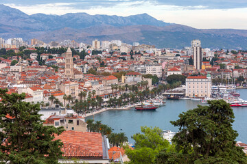 Fototapeta na wymiar Panoramic view of the city from Marjan Hill with Emperor Diocletian Palace and ferry port in Split, Croatia