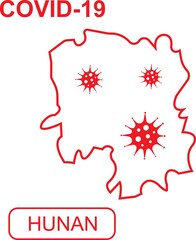 Map of Hunan labeled "COVID-19". White outline map on a red background. Vector illustration of a virus, coronavirus, epidemiology.