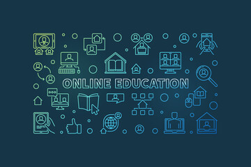 Online Education vector colored concept outline horizontal illustration or banner on dark background