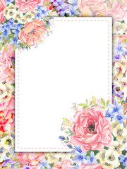 Watercolor hand drawn banner summer flowers peonies, trillium, apple flowers. 