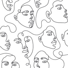 Eine Strichzeichnung abstraktes Gesicht nahtloses Muster. Moderne Minimalismuskunst, ästhetische Kontur. Kontinuierlicher Hintergrund mit Frauen- und Manngesichtern. Vektorgruppe von Menschen