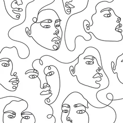 Gordijnen Een lijntekening abstract gezicht naadloze patroon. Moderne minimalisme kunst, esthetische contour. Doorlopende lijnachtergrond met gezichten van vrouwen en mannen. Vector groep mensen © anya