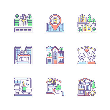 House services RGB color icons set. Empty lot for sale. Home position on map. Nursing house for seniors. Year built of building. Suburban neighborhood. Bath room. Isolated vector illustrations