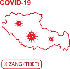 Map of Tibet labeled "COVID-19". White outline map on a red background. Vector illustration of a virus, coronavirus, epidemiology.