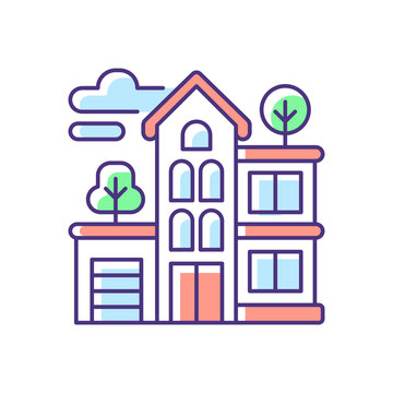 colorful house building with trees and clouds clip art preview