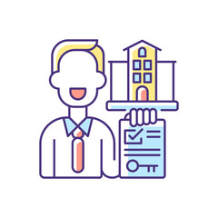 Realtor RGB color icon. Real estate agent. Business contract. Invest money in realty. Residential property for sale. House mortgage. Sell accommodation. Buy apartment. Isolated vector illustration