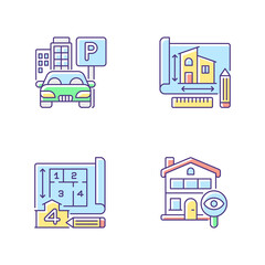 Residential house structure RGB color icons set. Parking lot. Engineering plan for building. Number of rooms. Home tour. Architect blueprint. Technical apartment plan. Isolated vector illustrations
