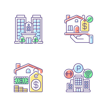 Business property RGB color icons set. Real estate. Realty for sale. Skyscraper building. Condominium apartment. House mortgage. Home amenities. Residential property. Isolated vector illustrations