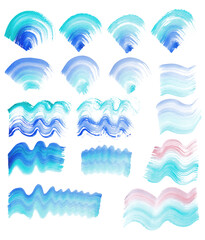 Watercolor brush strokes in blue colors on a white background. 