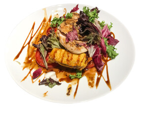 Juicy grilled chicken breast marinated in herbs with spices. Served on fried eggplants with fresh lettuce and tomatoes.