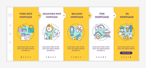 Mortgage loan types onboarding vector template. Fixed-rate. Balloon mortgage. Federal housing administration. Responsive mobile website with icons. Webpage walkthrough step screens. RGB color concept - obrazy, fototapety, plakaty