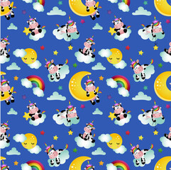 Cute unicorn cow in good night seamless background