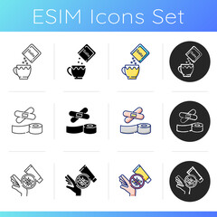 First aid supplies icons set. Oral rehydration. Emergency help medication. Plaster and bandage for wound treatment. Insect bite cream. Linear, black and RGB color styles. Isolated vector illustrations