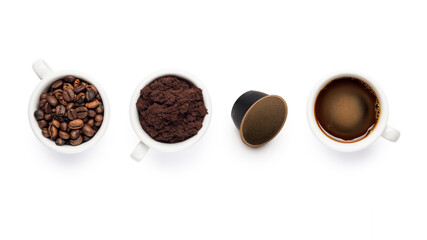 composition with cups of coffee beans, ground, black coffee and coffee pod.