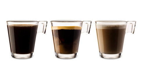 Variety of glass coffee cups on white background