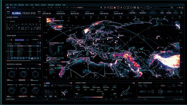 Multicolored futuristic digital interface screen. Tracking location all over the world. Extremely detailed global communications. Cyber map, progress, targeting and locating objects with GPS