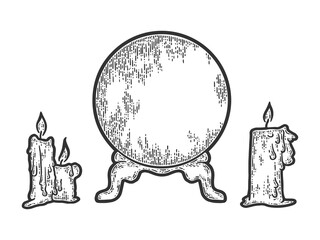 Candle sketch and magic ball. Hand drawn raster illustration.