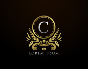 Letter C Luxury Royal Logo, Elegant Circle Gold Badge With Floral Design.