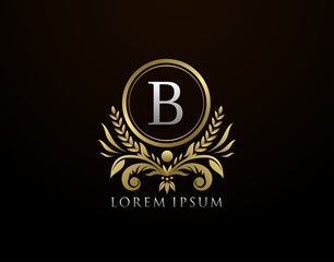 Letter B Luxury Royal Logo, Elegant Circle Gold Badge With Floral Design.