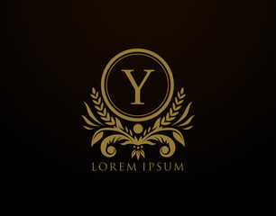  Luxury Royal Letter Y Monogram Logo, Elegant Circle Badge With Floral Design.