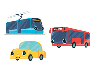 Public transport set in children's baby childish style. Cartoon vehicles. Toy bus coach, tram streetcar wagon, car automobile. Comic vector illustration of a character for a book. © olgache