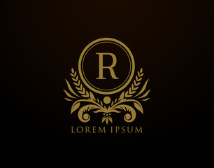  Luxury Royal Letter R Monogram Logo, Elegant Circle Badge With Floral Design.
