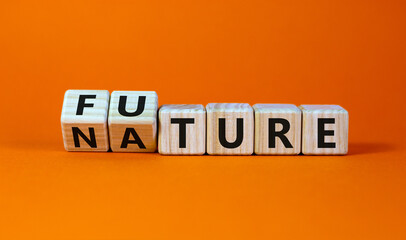 Turned cubes and changed the expression 'future' to 'nature' or vice versa. Beautiful orange background. Copy space, business concept.