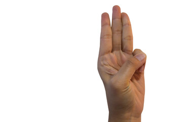 Hand show three finger nestle. three finger is Anti-dictatorial symbol on white background with clipping path.