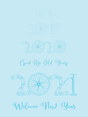 2021 Bicycle Happy New Year welcome vector card illustration on baby blue background