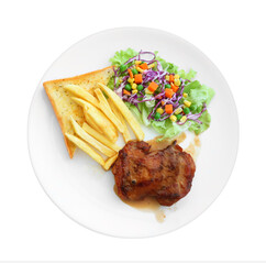 Circle chicken steak and french fried plate on white background.