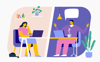 Working at home. Virtual meeting. Online conference. Young people working on laptops and computers at home. People at home in quarantine. Flat Vector illustration