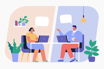 Working at home. Virtual meeting. Online conference. Young people working on laptops and computers at home. People at home in quarantine. Flat Vector illustration