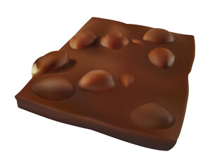Chocolate bar piece with whole nuts. Realistic vector illustration. Candy isolated on white