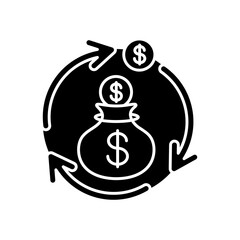 Revenue synergy black glyph icon. Accounting process. Money exchange. Flow of income. Business investment. Benefit from synergy. Silhouette symbol on white space. Vector isolated illustration
